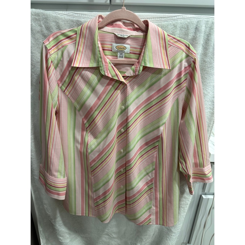 Talbots Woman Striped Shirt 14W Pink Green Wrinkle Resistant/Femiine/Casual